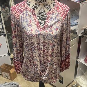 Democracy Cream Blouse with Burgundy and Blue Floral Print